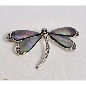 Vintage Monet Dragonfly Brooch Pin Silver Tone with Abalone Marcasite Rhinestone